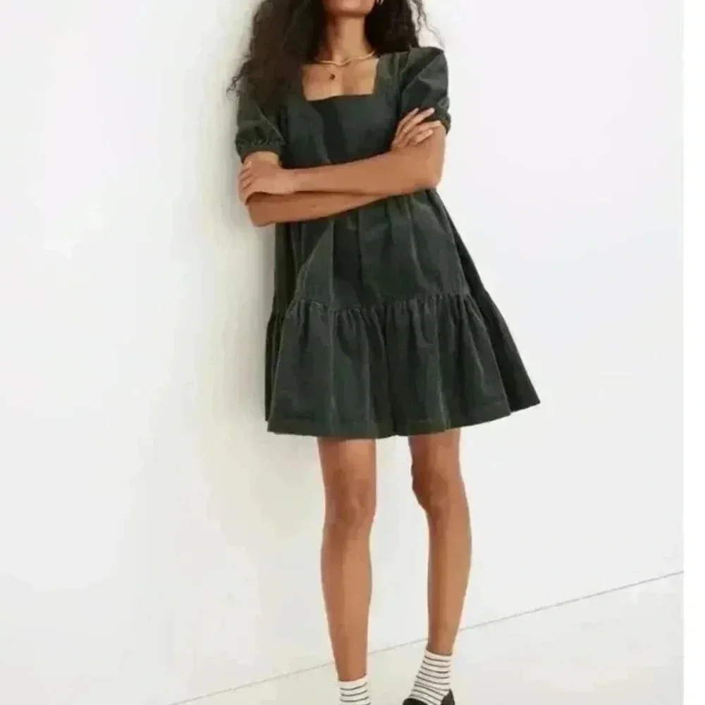 Madewell‎ Corduroy Aidy Square-Neck puff sleeve Tiered Mini Dress Hunter Green 6